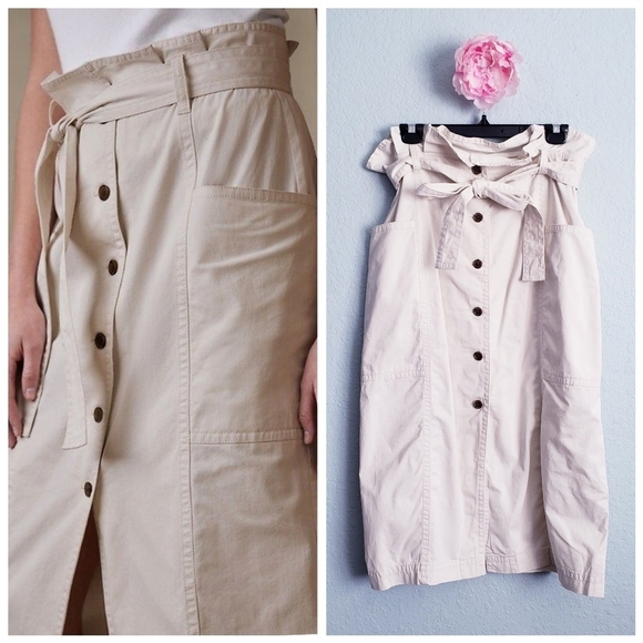 Banana Republic Button Front Midi Skirt in Stone Washed Khaki - Picture 1 of 8